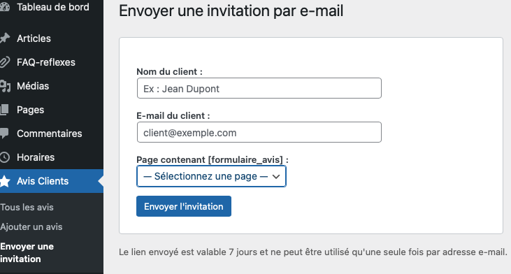 panneau admin pour l'envoi du lien pour poster un avis.