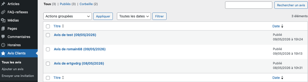 tableau des différents avis poster et validé pour le site.